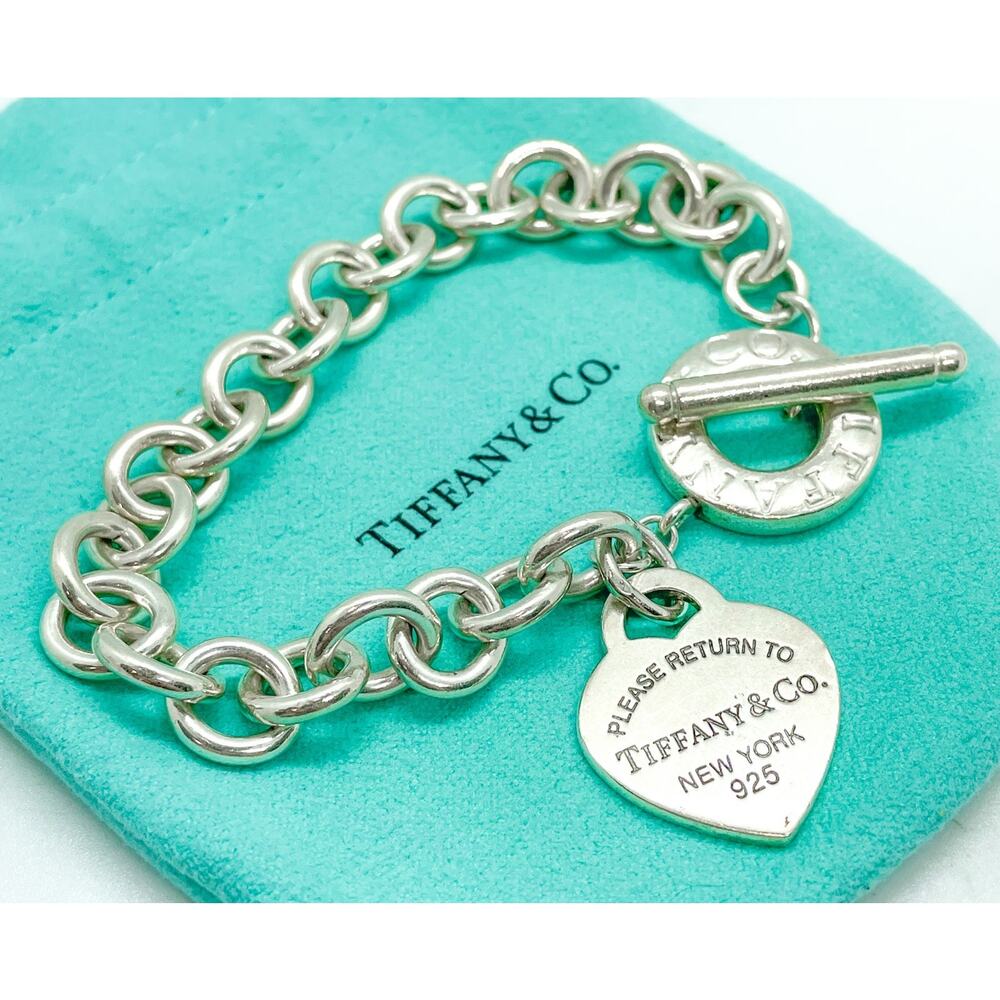 Tiffany & Co. Return Heart Tag Charm Toggle Bracelet Silver 7.5" ENGRAVED BACK